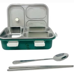 Stainless steel lunch box 3 compartment with steel cutlery, heating insulation tiffin box 750ml (1 piece)