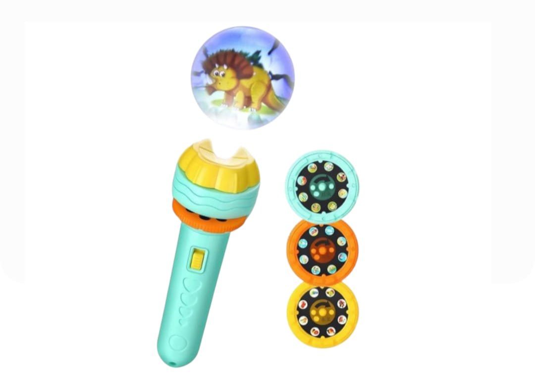 Mini projector torch toy with 3 slides, 24 patterns, education learning toys, space, animal & foods, multidesign& multicolour (Pack of 1)